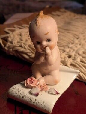 Vintage Lefton Porcelain Kewpie Figurine with Pink Rose Accents